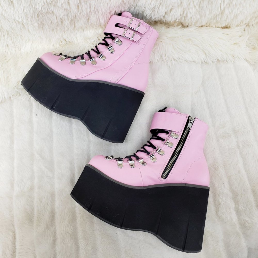 Goth 4 1/2" Platform  Faux Lace-Up Ankle Boot in Pink - Picture 6 of 12